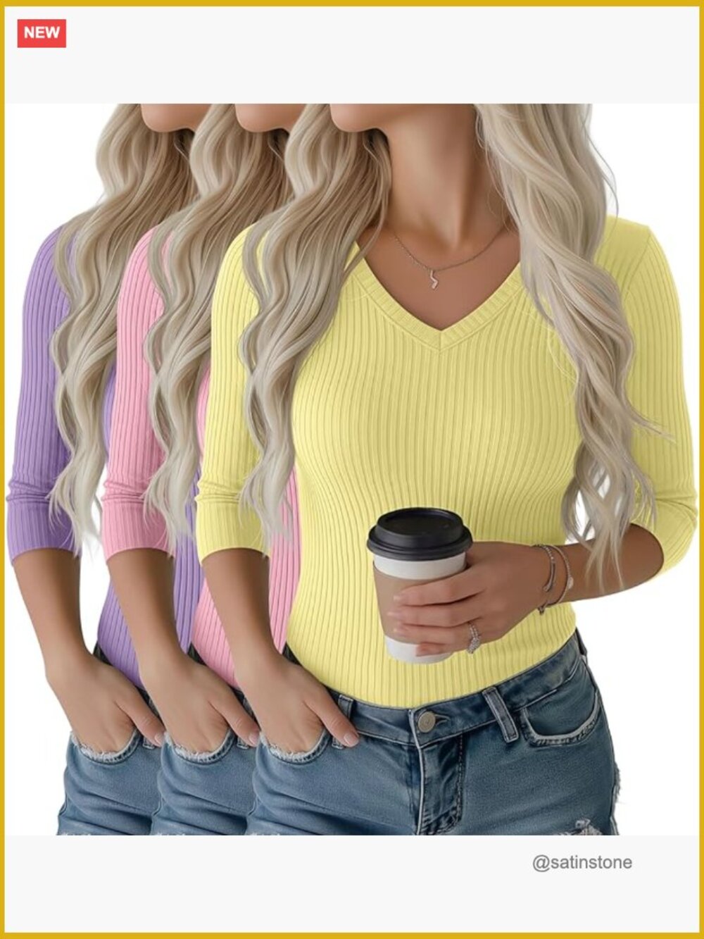 3 Pack Women's 3/4 Sleeve V Neck Ribbed Cotton Tops Casual Layer Tees